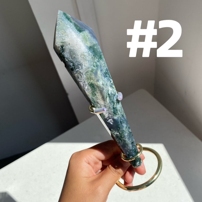 Moss Agate Wand on stand