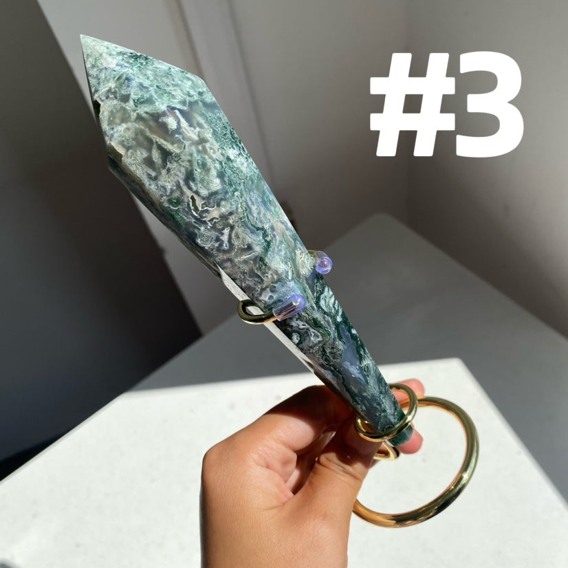 Moss Agate Wand on stand