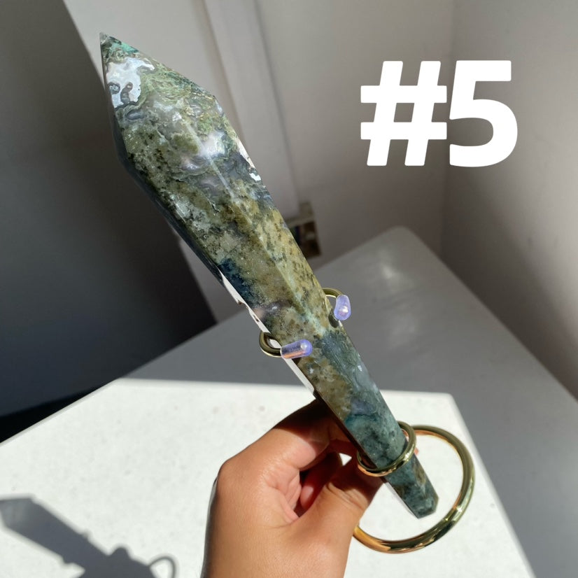 Moss Agate Wand on stand